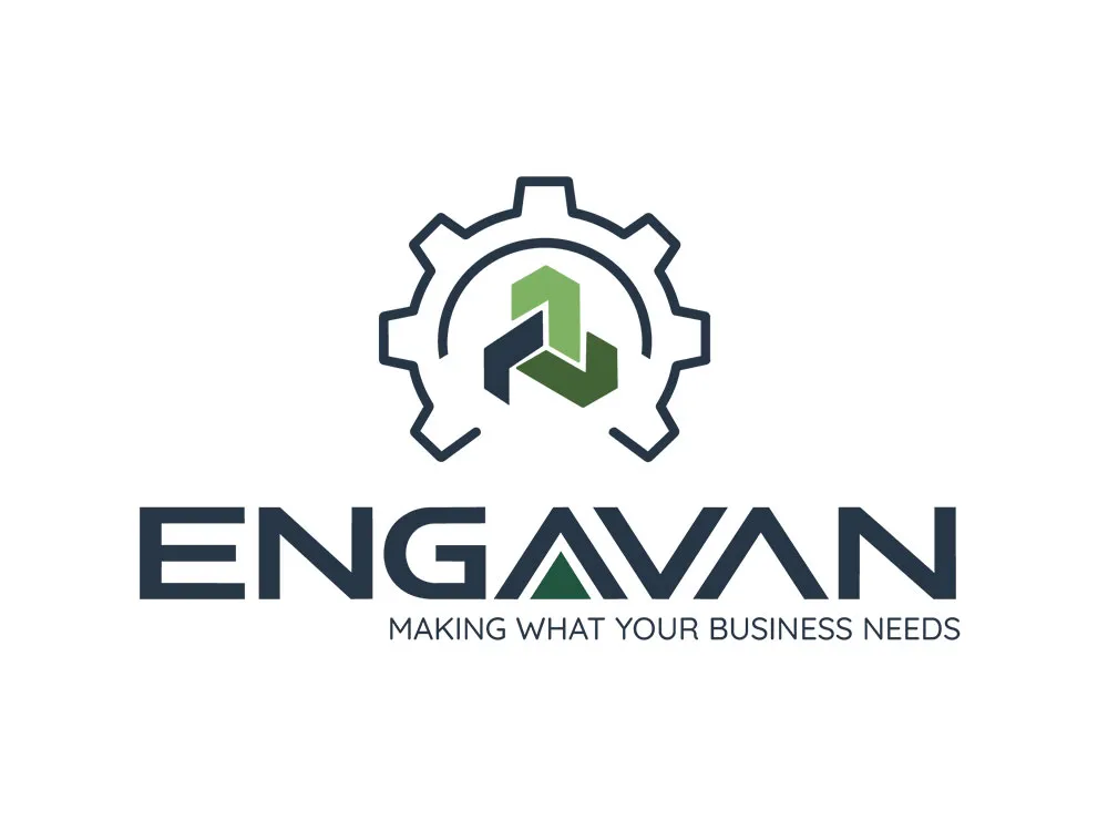 Engavan logo with navy gear, three interlocking green and blue forms and custom wordmark