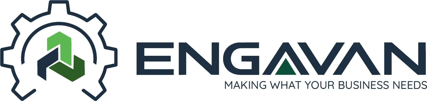 Final Engavan horizontal logo: navy gear, three interlocking shapes and custom wordmark